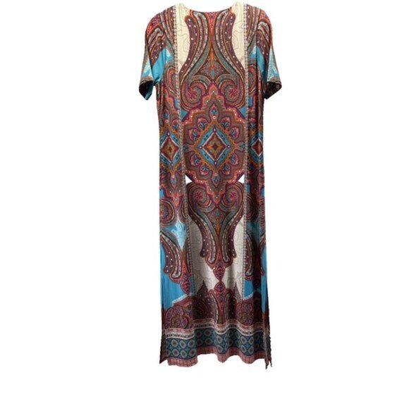 Chicos Womens Maxi Dress Small Short Sleeve Long Colorful Slinky Side Slits 14" - Picture 3 of 8